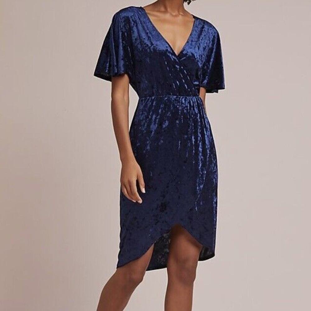 Anthropologie Sunday In Brooklyn Dress XS Blue Velvet Plisse Velour Faux Wrap